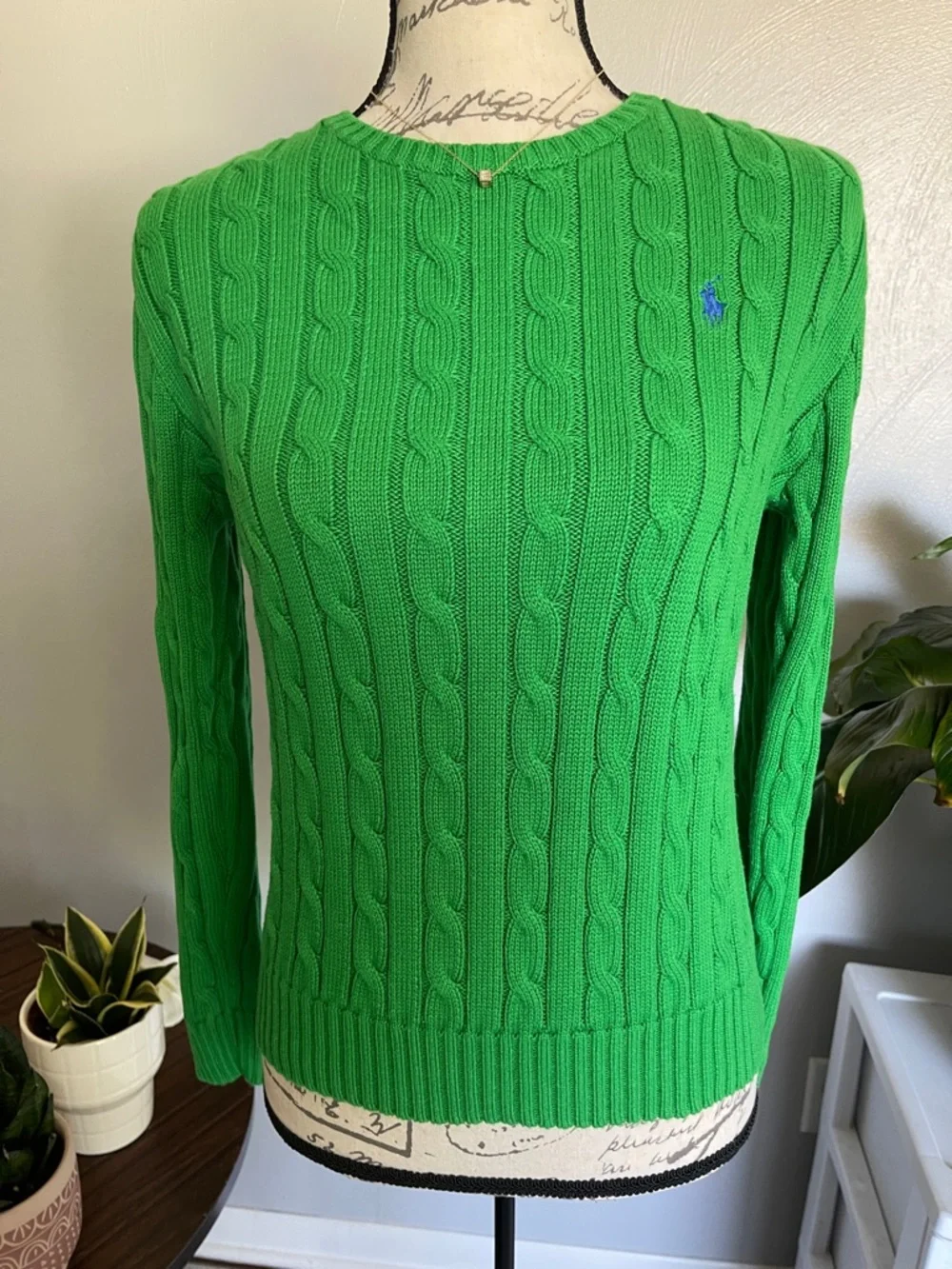 Polo Ralph Lauren Green Cable Knit Sweater Medium Preppy Classic
